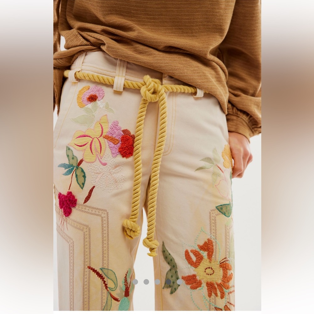 Free People Cream Floral Cropped Embroidered Pants - Picture 5 of 14